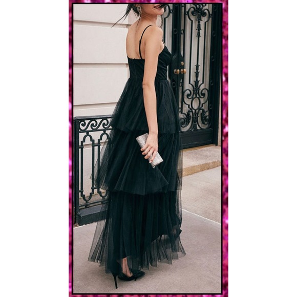 Lulus Rule the Runway Black Tulle Bustier Tiered Maxi Dress Size L - Picture 6 of 9
